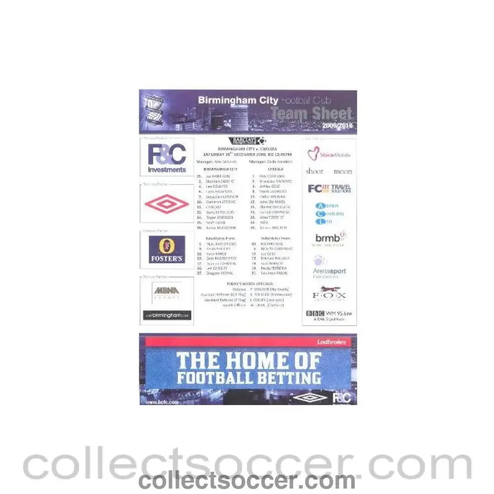 2009 - Birmingham City v Chelsea 26/12/2009 teamsheet