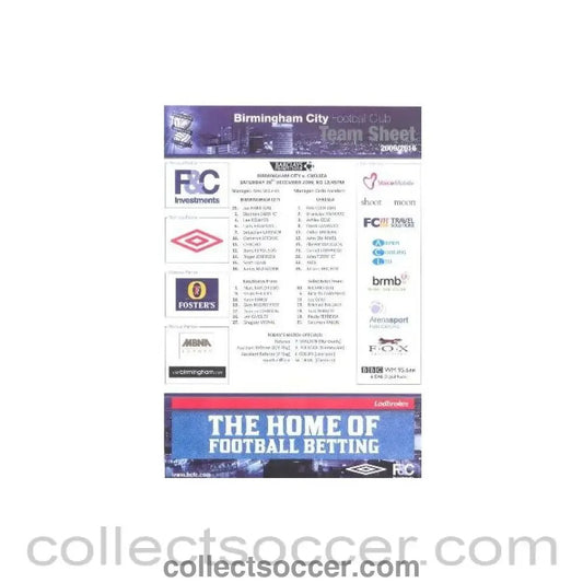 2009 - Birmingham City v Chelsea 26/12/2009 teamsheet - Collect Soccer