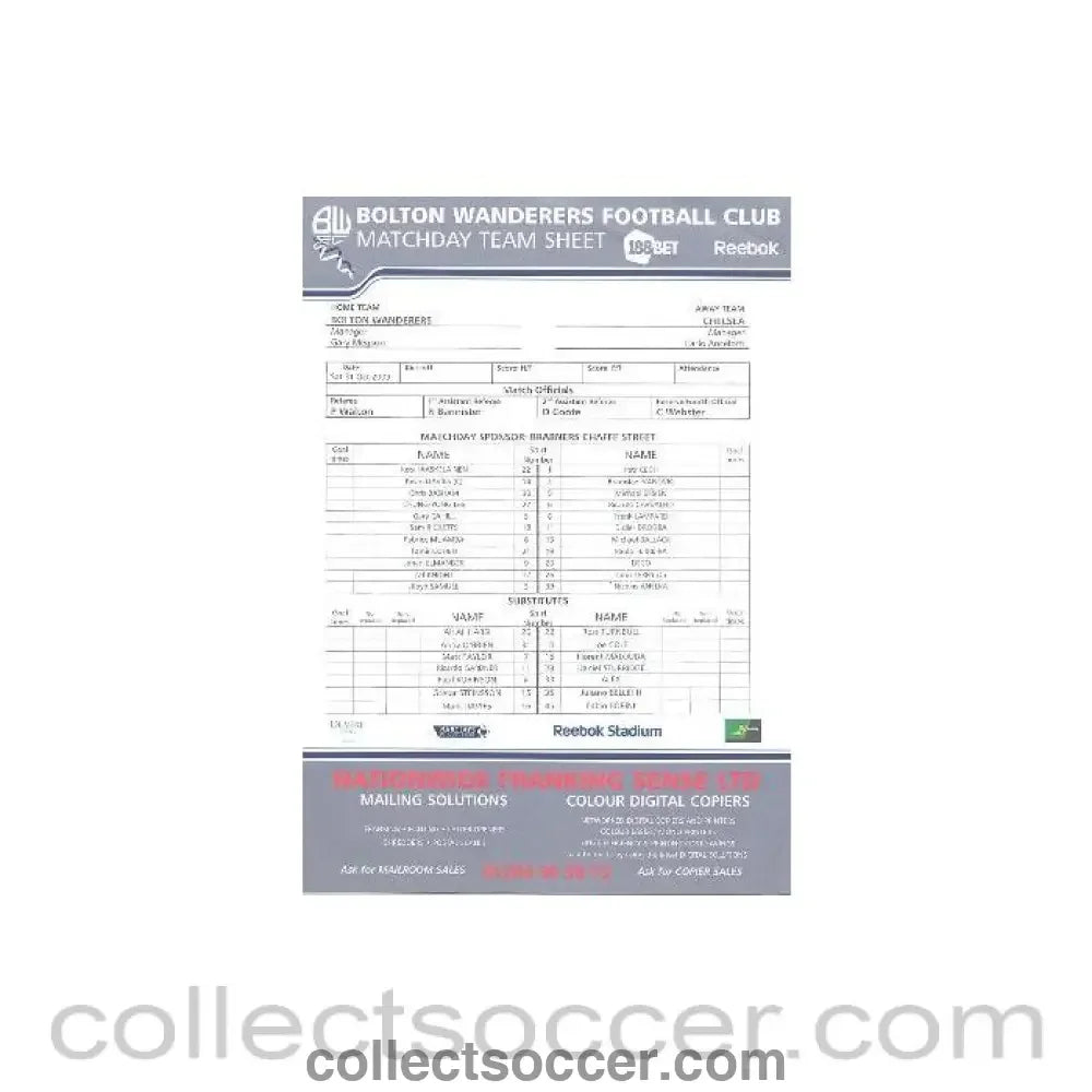 2009 - Bolton Wanderers v Chelsea colour teamsheet 31/10/2009 - Collect Soccer