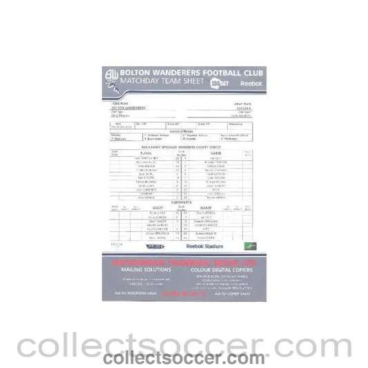 2009 - Bolton Wanderers v Chelsea colour teamsheet 31/10/2009