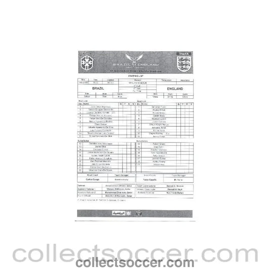 2009 - Brazil v England VIP teamsheet for match played in Quatar on 14/11/2009 - Collect Soccer