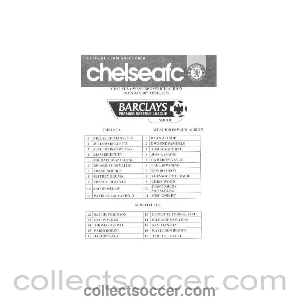 2009 - Chelsea Reserves v West Bromwich Albion Reserves official programme 20/04/2009 - Collect Soccer