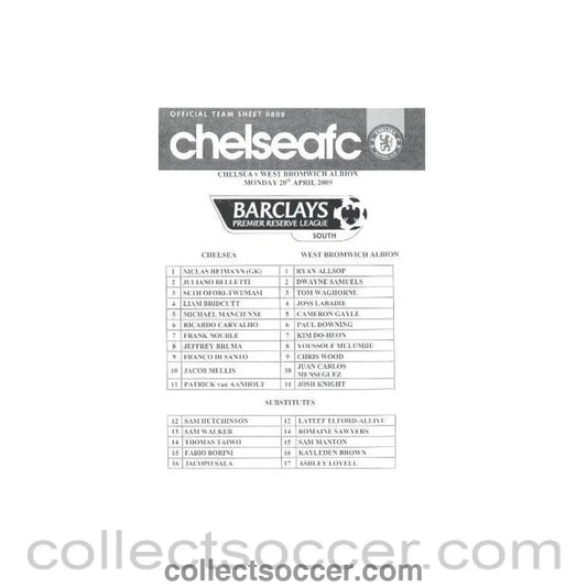 2009 - Chelsea Reserves v West Bromwich Albion Reserves official programme 20/04/2009