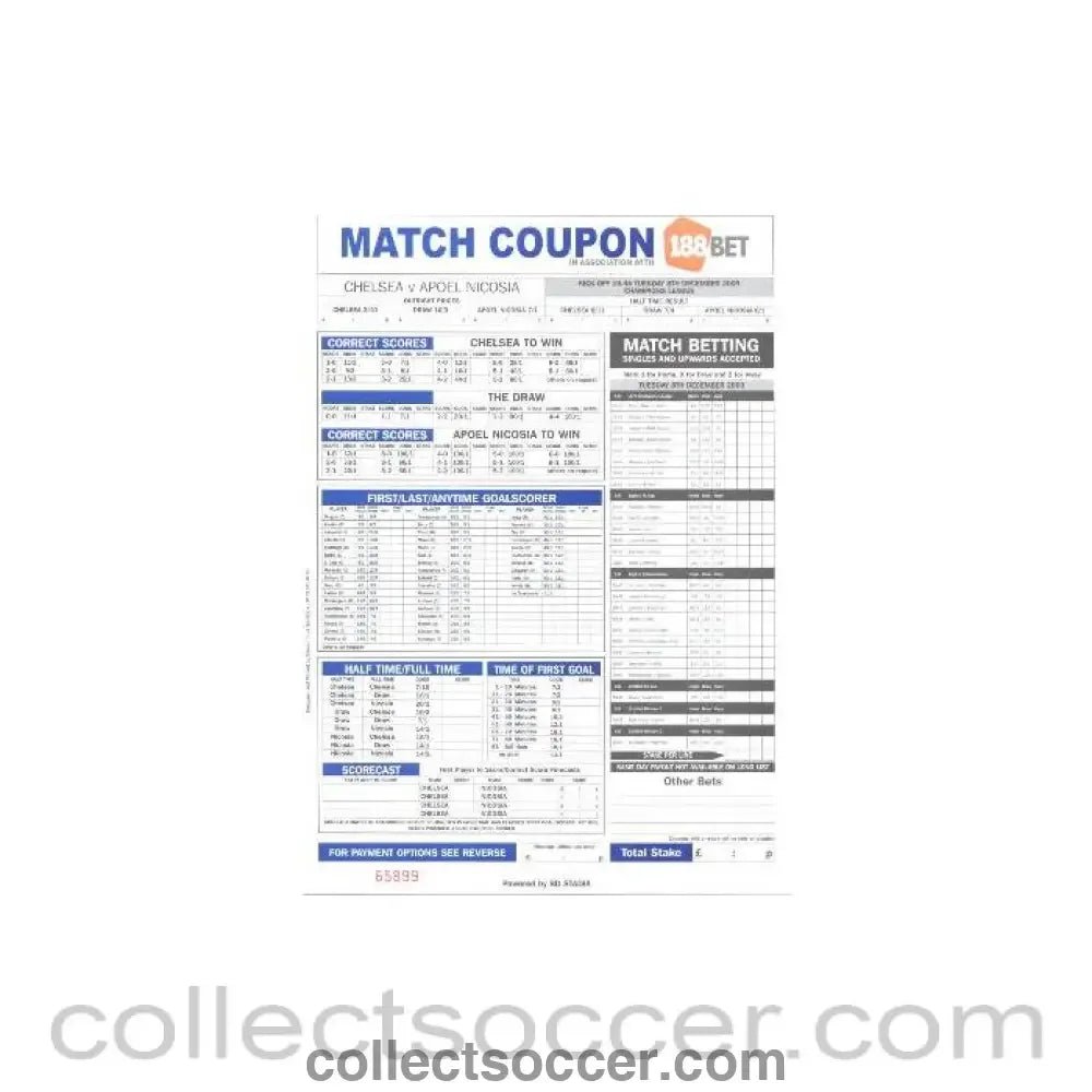 2009 - Chelsea v Apoel, Nicosia betting slip 08/12/2009 - Collect Soccer