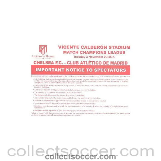 2009 - Chelsea v Atletico Madrid 03/11/2009 Important Notice to Spectators