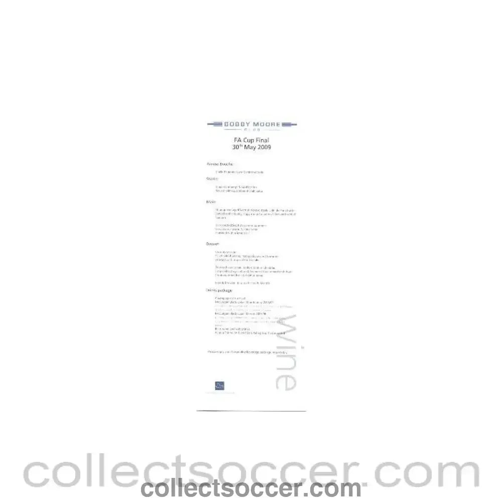 2009 - Chelsea v Everton FA Cup Final 30/05/2009 Rare Bobby Moore Menu - Collect Soccer