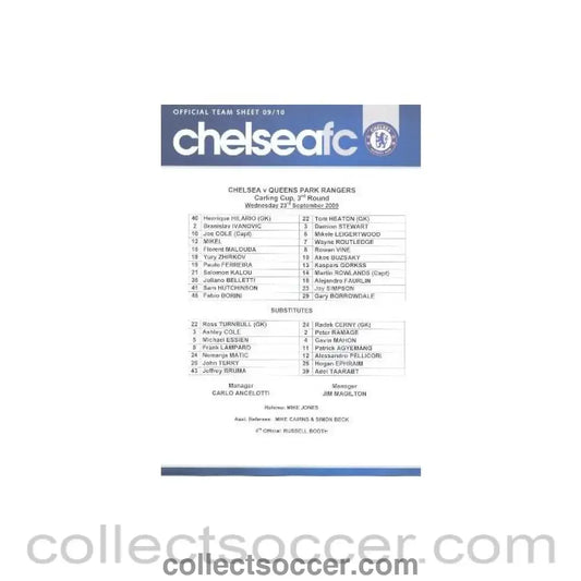 2009 - Chelsea v Queen’s Park Rangers teamsheet 23/09/2009 Carling Cup