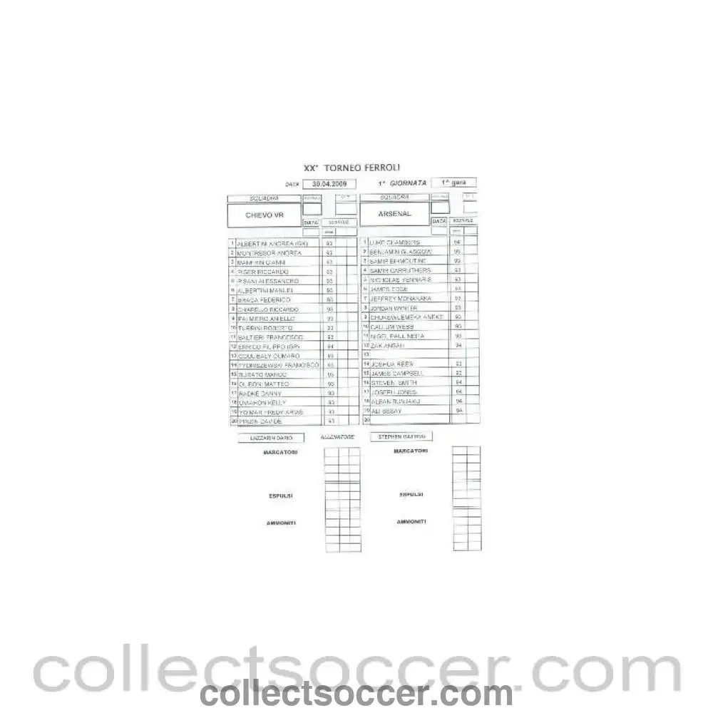 2009 - Chievo v Arsenal Arsenal Youth Team Tournament Italy 2009 Teamsheet 30/04/2009 - Collect Soccer