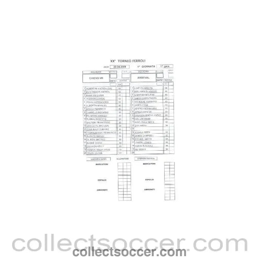 2009 - Chievo v Arsenal Arsenal Youth Team Tournament Italy 2009 Teamsheet 30/04/2009