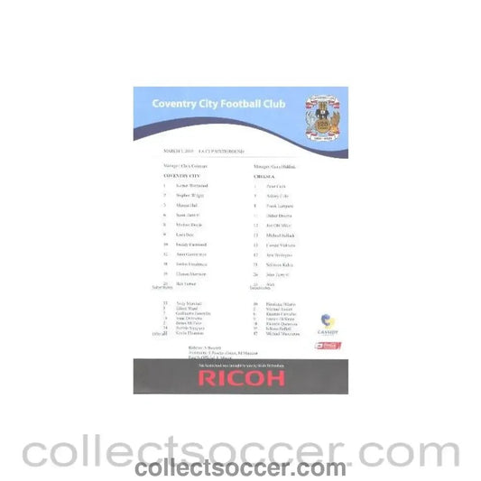 2009 - Coventry City v Chelsea colour teamsheet 07/03/2009 FA Cup - Collect Soccer