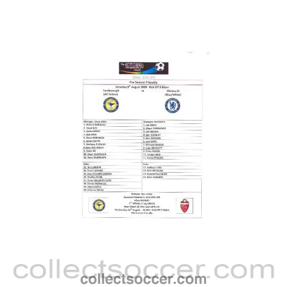 2009 - Farnborough v Chelsea colour teamsheet 08/08/2009 - Collect Soccer