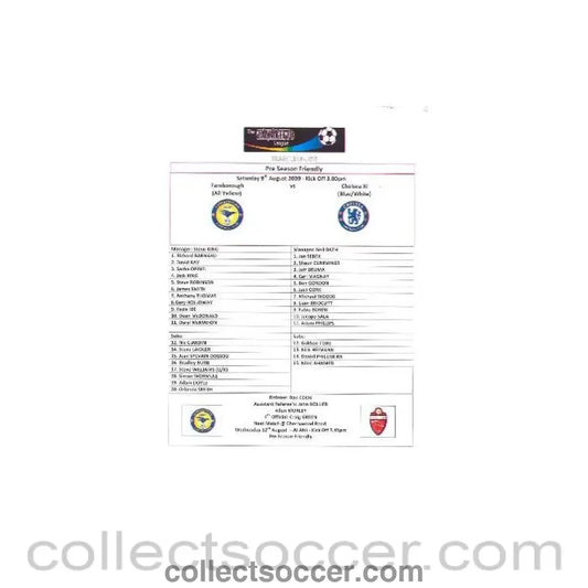 2009 - Farnborough v Chelsea colour teamsheet 08/08/2009