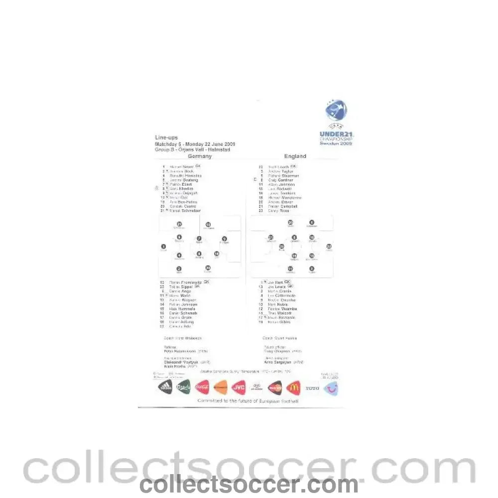 2009 - Germany v England official colour printed teamsheet 22/06/2009
