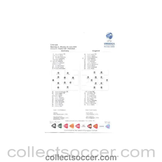 2009 - Germany v England official colour printed teamsheet 22/06/2009 - Collect Soccer