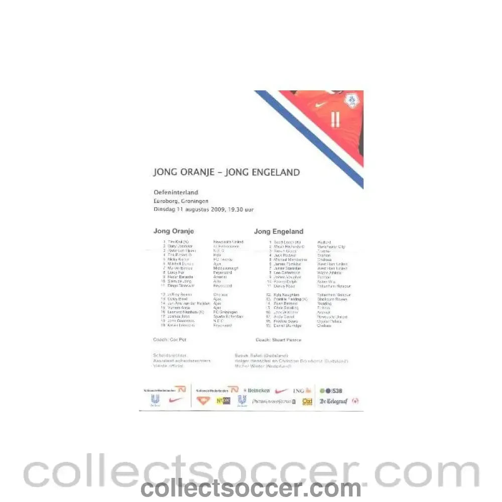 2009 - Holland Juniors v England Juniors official teamsheet 11/08/2009 in Dutch