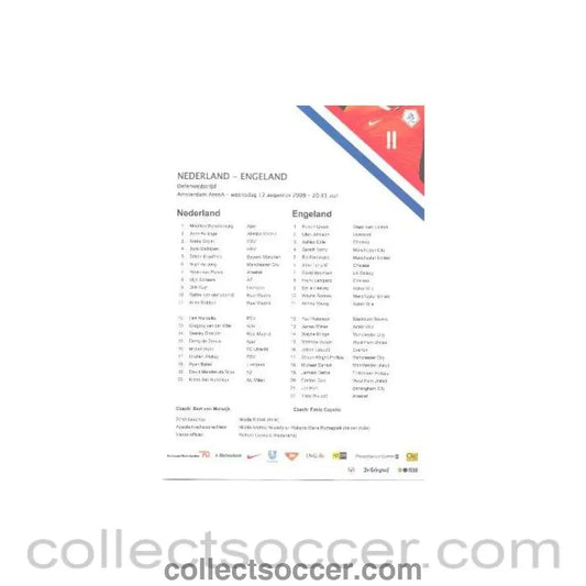 2009 - Holland v England official teamsheet 12/08/2009 in Dutch - Collect Soccer