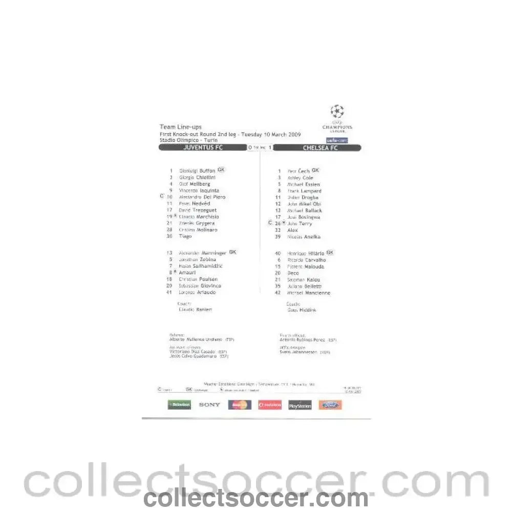 2009 - Juventus v Chelsea Champions League Final in Turin on 10/03/2009 Team Sheet - Collect Soccer
