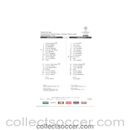 2009 - Juventus v Chelsea Champions League Final in Turin on 10/03/2009 Team Sheet