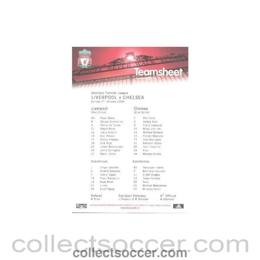 2009 - Liverpool v Chelsea official colour printed teamsheet 01/02/2009