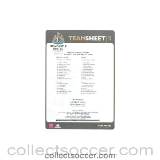 2009 - Newcastle United v Chelsea teamsheet 04/04/2009 - Collect Soccer