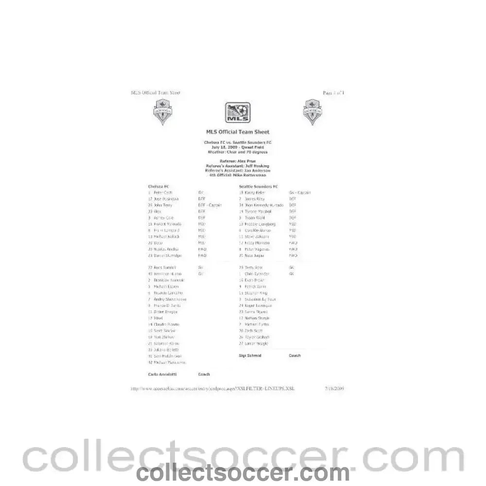 2009 - Seattle Sounders v Chelsea teamsheet on an American size paper 18/07/2009 - Collect Soccer