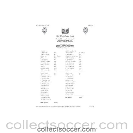 2009 - Seattle Sounders v Chelsea teamsheet on an American size paper 18/07/2009