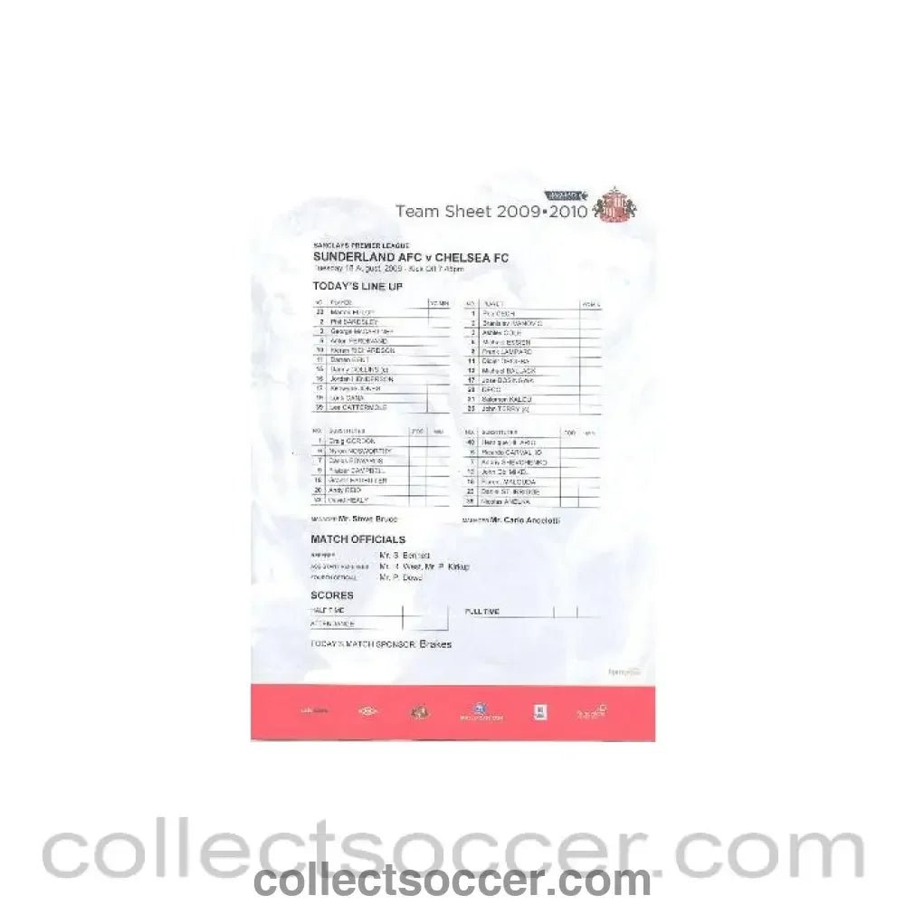 2009 - Sunderland v Chelsea colour teamsheet 18/08/2009 - Collect Soccer