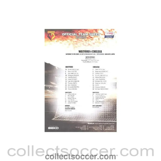 2009 - Watford v Chelsea official colour printed teamsheet14/02/2009