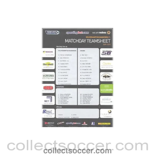 2009 - Wolverhmpton Wanderers v Chelsea 2009-2010 teamsheet