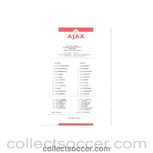 2010 - Ajax V Chelsea Official Teamsheet 23/07/2010 VIP Restaurant Issue
