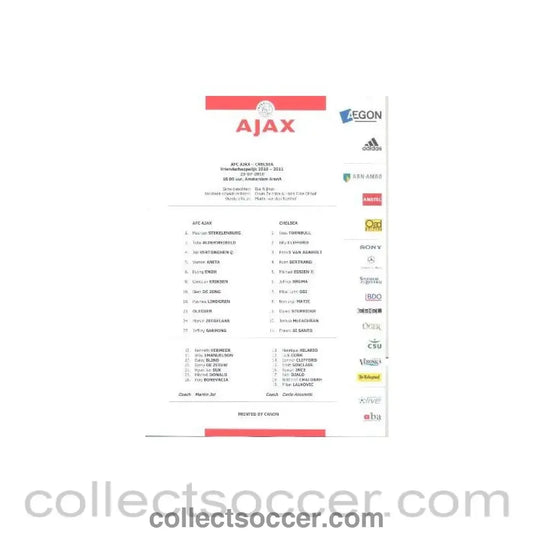 2010 - Ajax V Chelsea Teamsheet 23/07/2010 Official Directors Issue