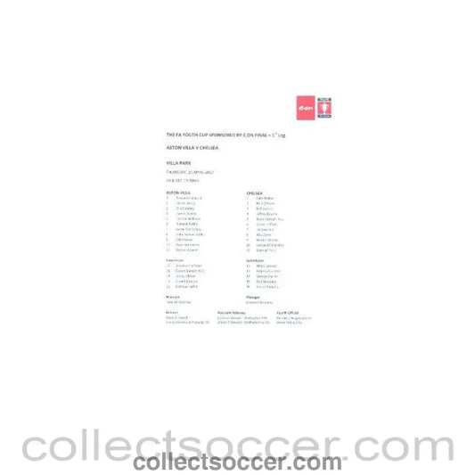 2010 - Aston Villa v Chelsea official colour teamsheet 29/05/2010 FA Youth Cup - Collect Soccer
