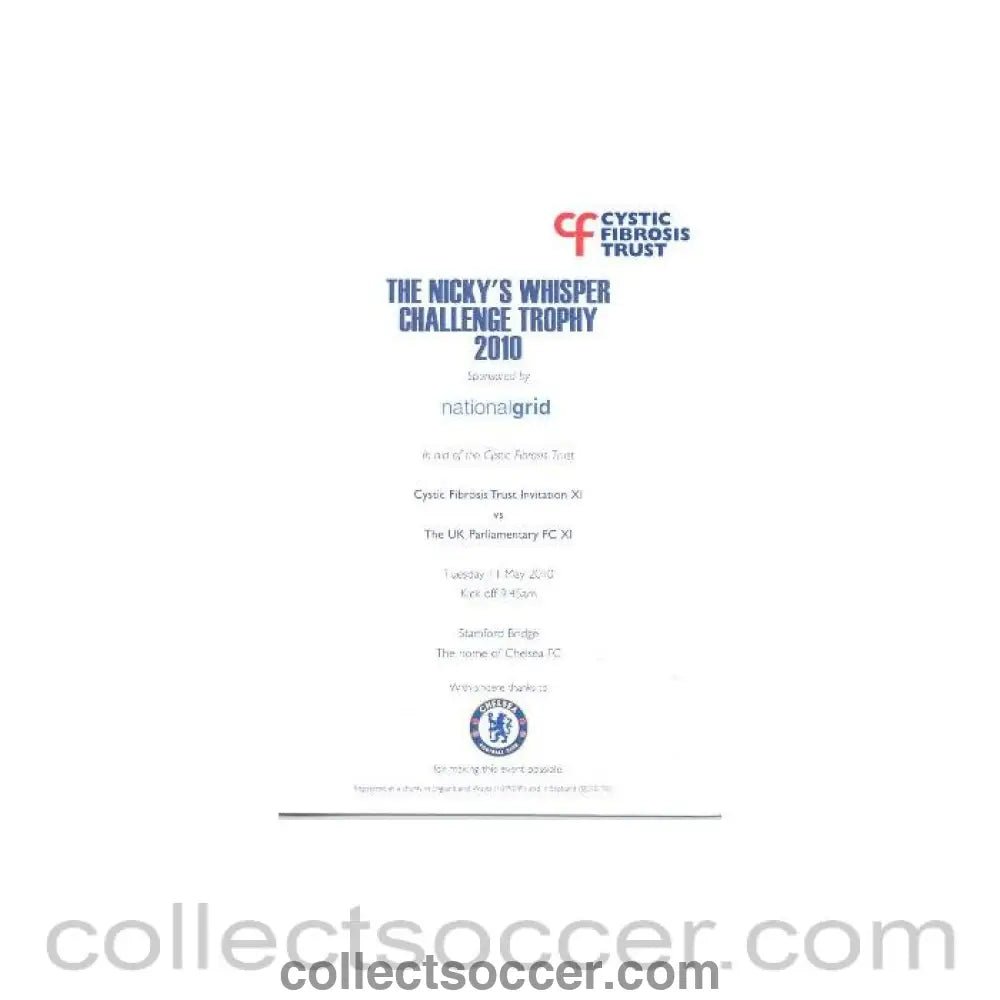 2010 - AtChelsea - Cystic Fibrosis Trust Invitation XI v The UK Parliamentary FC XI official programme 11/05/2010 - Collect Soccer