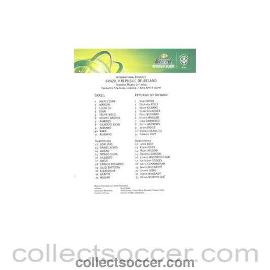 2010 - Brazil v Ireland official teamsheet 02/03/2010 Intarnational Friendly