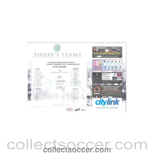 2010 - Celtic v Glasgow Rangers official teamsheet 03/01/2010