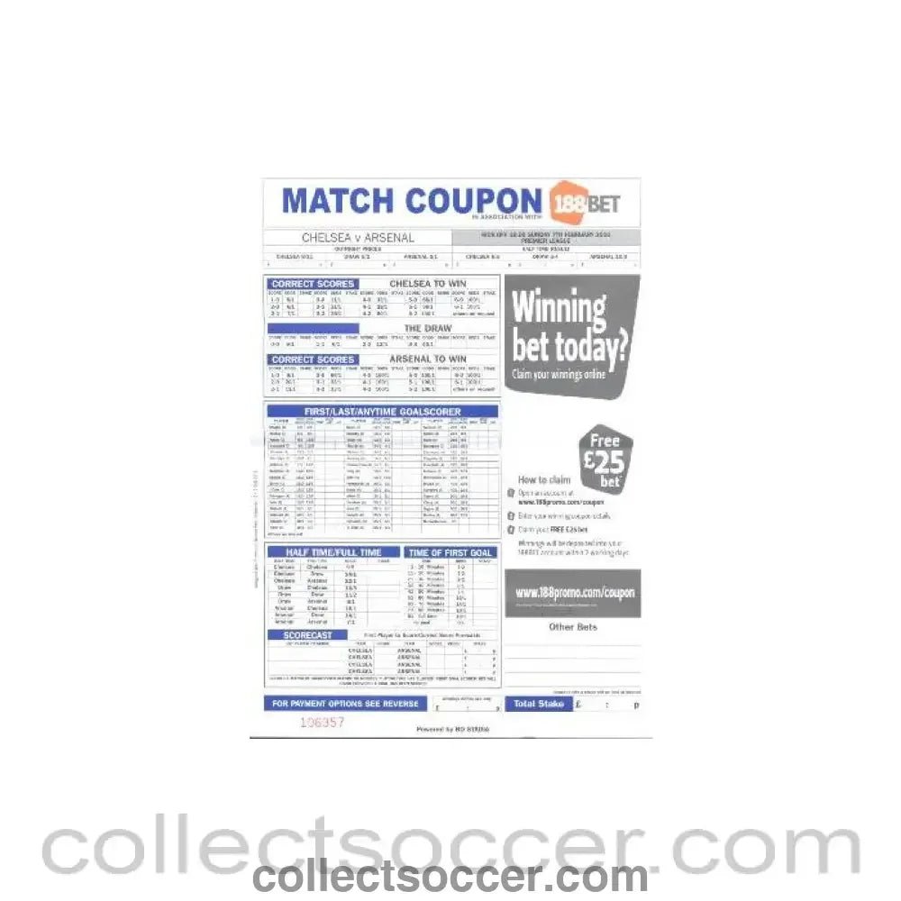 2010 - Chelsea v Arsenal betting slip 07/02/2010 - Collect Soccer