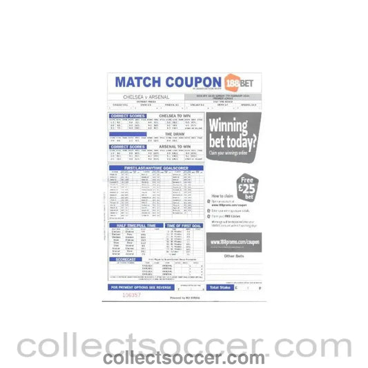 2010 - Chelsea v Arsenal betting slip 07/02/2010