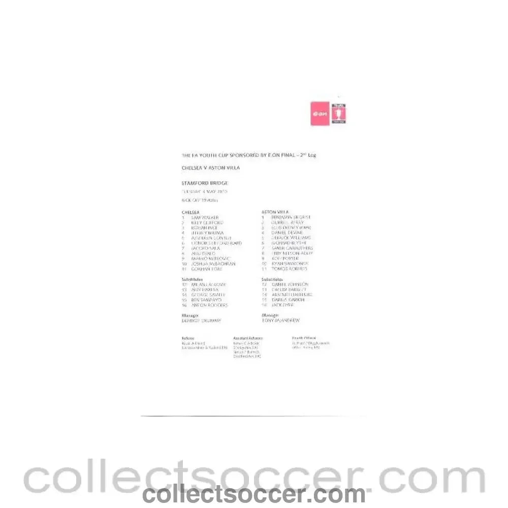 2010 - Chelsea v Aston Villa teamsheet 04/05/2010 The Youth Cup Final - Collect Soccer