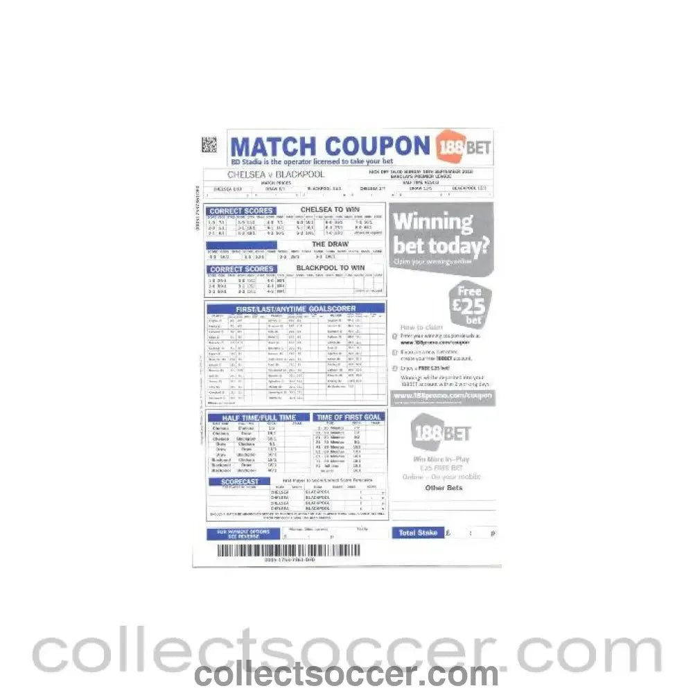2010 - Chelsea v Blackpool betting slip 19/09/2010 - Collect Soccer