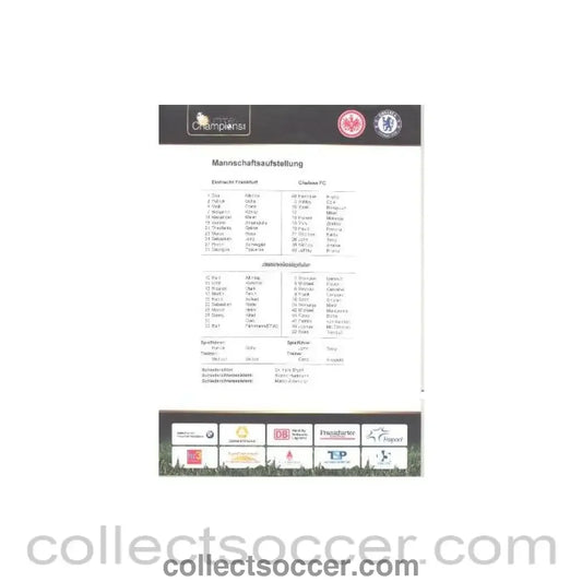 2010 - Eintracht Frankfurt v Chelsea official colour teamsheet 01/08/2010