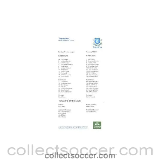 2010 - Everton v Chelsea 10/02/2010 teamsheet