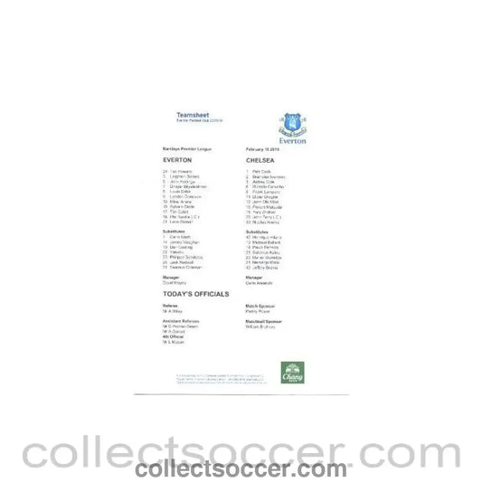 2010 - Everton v Chelsea teamsheet 10/02/2010 Premier League