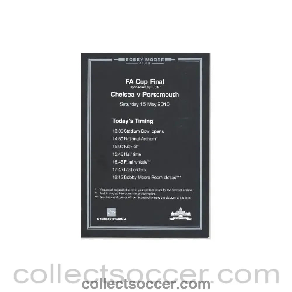 2010 F.A. Cup Final Chelsea v Portsmouth 15/05/2010 Bobby Moore Club menu - Collect Soccer