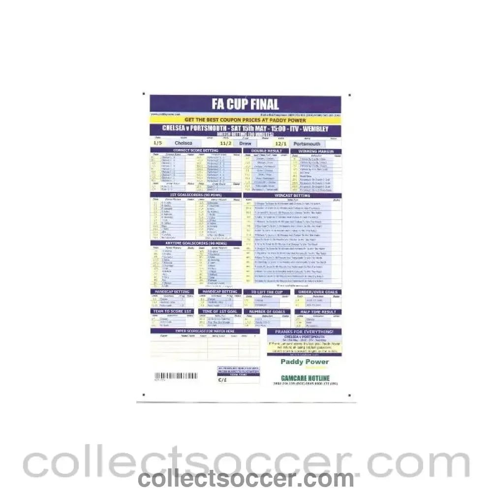 2010 F.A. Cup Final Chelsea v Portsmouth 15/05/2010 Paddy Power betting slip - Collect Soccer