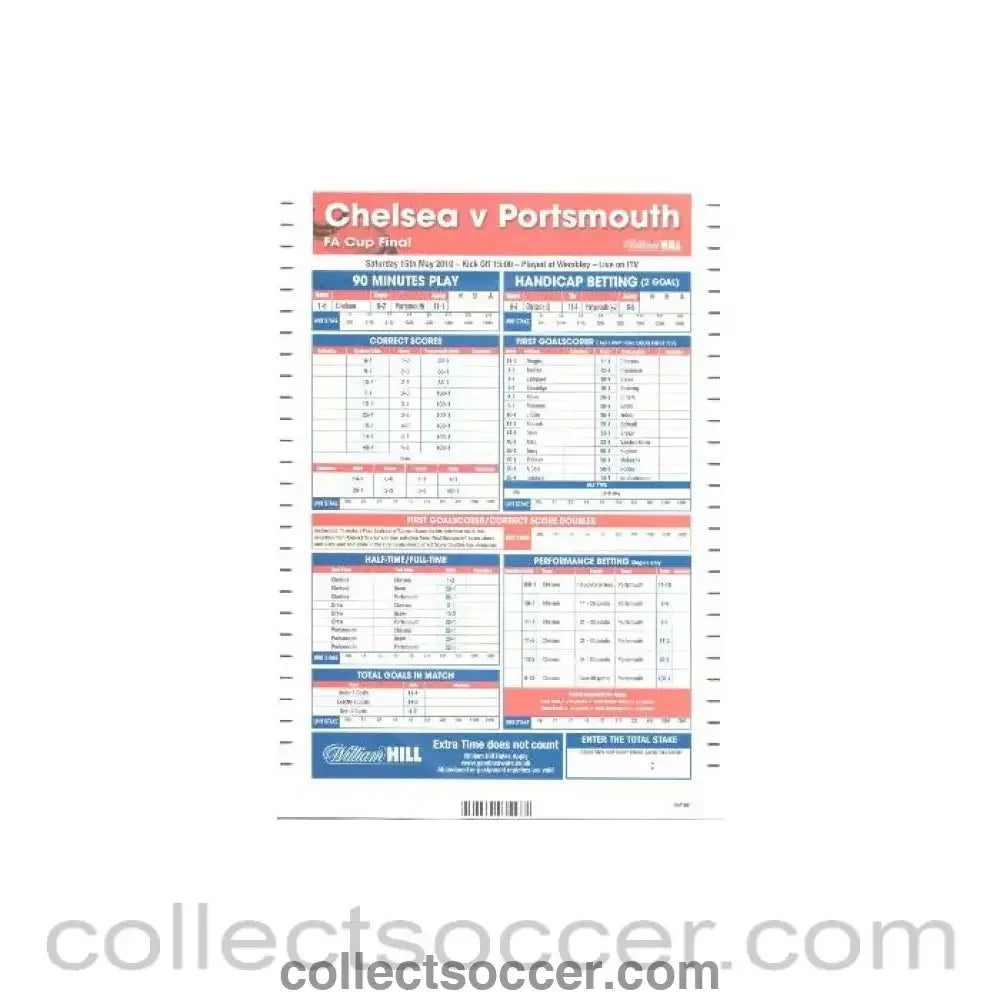 2010 F.A. Cup Final Chelsea v Portsmouth 15/05/2010 William Hill betting slip