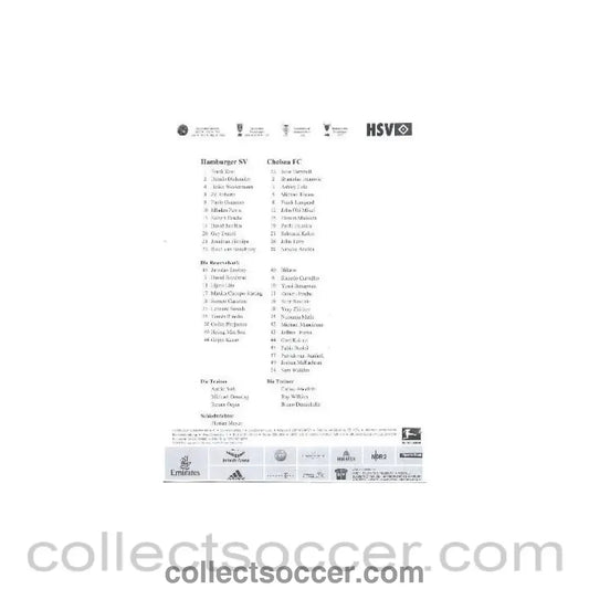 2010 - Hamburg v Chelsea Official Teamsheet 04/08/2010 - Collect Soccer
