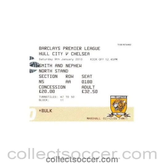 2010 - Hull City v Chelsea ticket 09/01/2010 - Collect Soccer