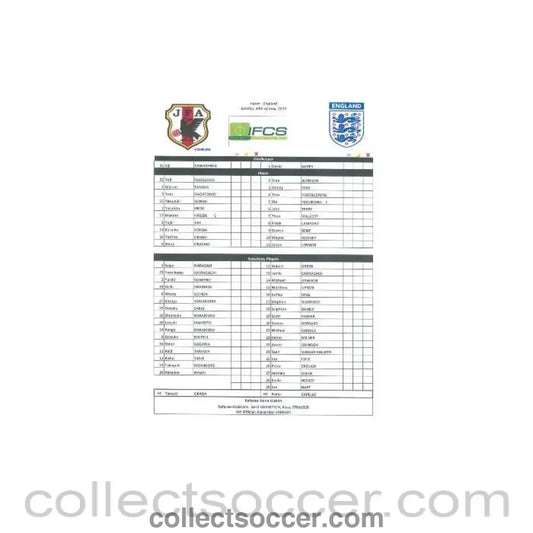 2010 - Japan v England official colour teamsheet 30/05/2010 - Collect Soccer