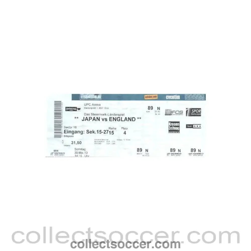 2010 - Japan v England ticket 30/05/2010 - Collect Soccer