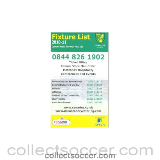 2010 - Norwich City Fixture List 2010-2011